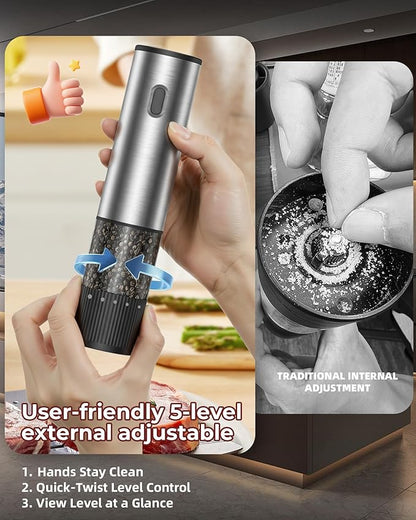 Electric Salt and Pepper Grinder Set, USB Rechargeable Salt and Pepper Shaker with LED Light, Stainless Steel Adjustable Automatic Pepper Mill for Kitchen, Dining