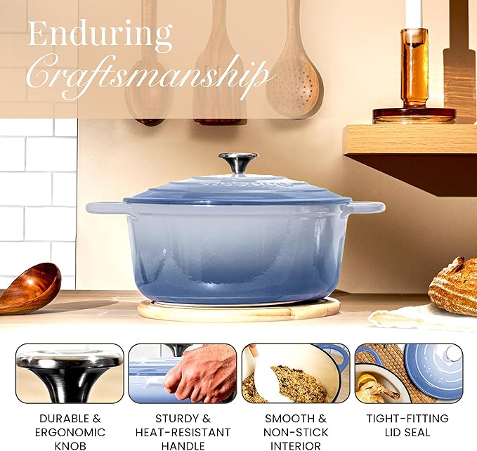 Nuovva Enamelled Cast Iron Dutch Oven Pot with Lid 6.4 Quart Non Stick Casserole Pot – Heavy Duty & Oven Safe up to 500° F for Bread Baking, Braising, Stews, Roasting – 28cm Costal Blue - Image 6