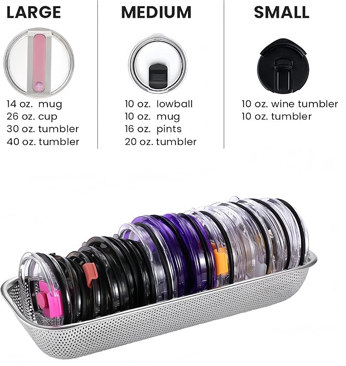 2Pack Stainless Steel Tumbler Cup Lid Organizer Inside Cabinet, Mason Jar Lid Holder, Rectangular Basket for Storage of Silverware, Chopsticks, straws and Utensils - Image 3