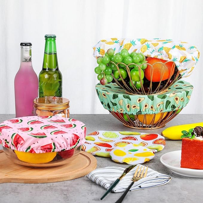 Patelai 10 Pcs Bowl Covers Reusable in 5 Size Stretch Cloth Fabric Elastic Food Storage Bowl Covers Bread Sourdough Lids for Proofing Food Fruits Leftover (Bright,Summer Style) - Image 4