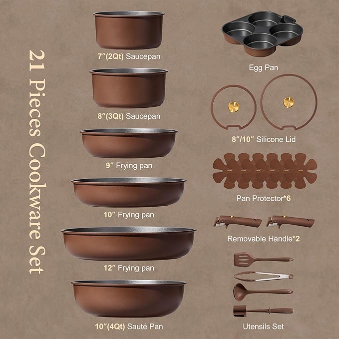 CAROTE 21pcs Pots and Pans Set, Nonstick Cookware Set Detachable Handle, Induction Kitchen Cookware Sets Non Stick with Removable Handle, RV Cookware Set, Oven Safe, Brown - Image 2