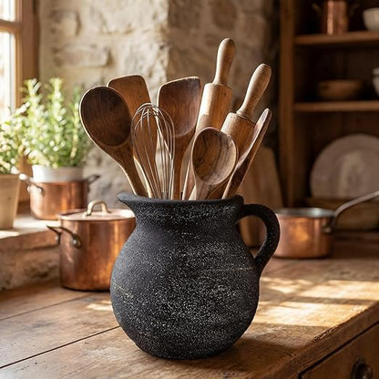 Potchen Rustic Kitchen Utensil Holder with Handle,7.48" H Ceramic Vintage Utensil Crock for Countertop, Farmhouse Kitchen Decoration Ceramic Pot for Spatulas Spoons Tongs(Classic,Antique Black Gold) - Image 8