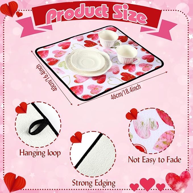 Breling Valentine's Day Dish Drying Mat Valentine Kitchen Dry Mat Absorbent Hearts Table Dishes Pad Red Pink Protect Tableware Kitchen Accessories for Home Decor, 16 x 18.4 Inches