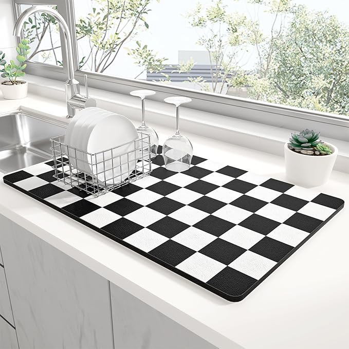 Rnivvi Dish Drying Mat for Kitchen Counter, 12 x 19" Cute Checkered Absorbent Draining Pad, Non-Slip Heat Resistant Coffee Bar Mats for Coffee Machine Station Accessories, Black White Dish Rack Pad by Rnivvi