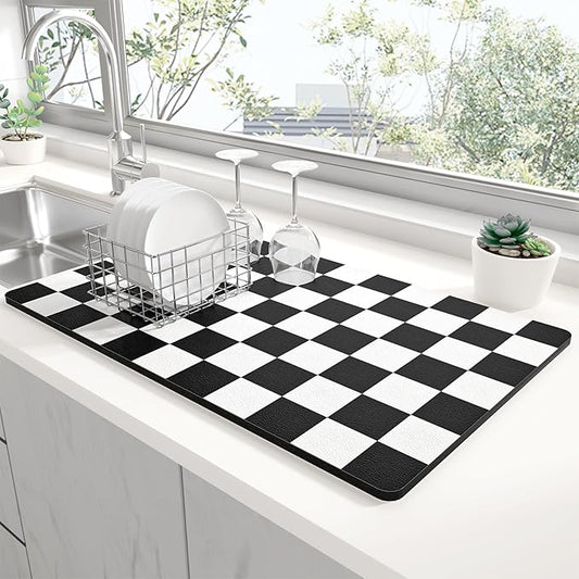 Rnivvi Dish Drying Mat for Kitchen Counter, 12 x 19" Cute Checkered Absorbent Draining Pad, Non-Slip Heat Resistant Coffee Bar Mats for Coffee Machine Station Accessories, Black White Dish Rack Pad by Rnivvi