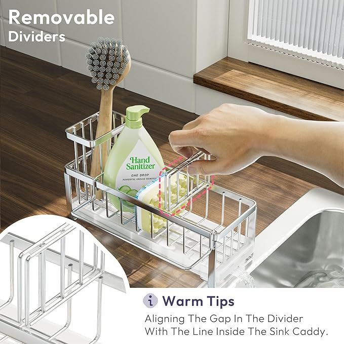 SWTYMIKI Sponge Holder for Kitchen Sink - Sink Caddy with Brush Holder Self-draining Sponge Caddy Organizer with Divider Stainless Steel Kitchen Accessories Storage for Countertop, Silver - Image 4