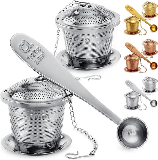 Tea Infuser Set of 2 with Tea Scoop & Drip Trays - 304 Stainless Steel Ultra Fine Mesh Loose Leaf Tea Strainer, Reusable Tea Steeper Basket for Rooibos, Green, Black, Herbal & Oolong Tea, etc
