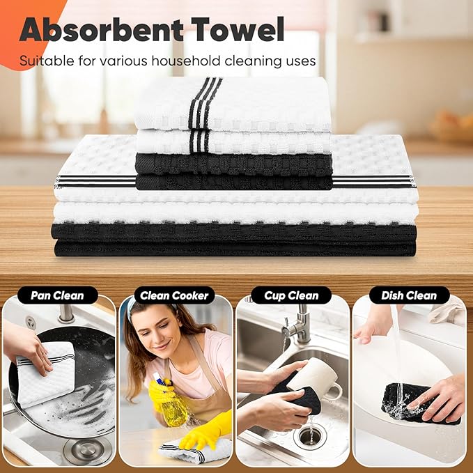 Oven Mitts Kitchen Towels and Dishcloths with Pot Holders Sets, Oven Gloves Hot Pads 500°F Heat Resistant with Silicone Grip, Include 2 Cooking Gloves/2 Potholders/4 Kitchen Towels/4 Dish Towels - Image 4