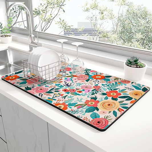 Rnivvi Dish Drying Mat for Kitchen Counter, 12 x 19" Cute Flower Super Absorbent Draining Pad, Non-Slip Heat Resistant Coffee Bar Mats for Coffee Machine Station Accessories, Colorful Dish Rack Pad by Rnivvi