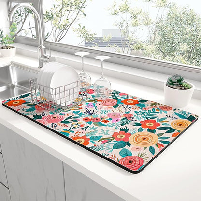 Rnivvi Dish Drying Mat for Kitchen Counter, XL 15 x 24" Cute Flower Super Absorbent Draining Pad, Non-Slip Heat Resistant Coffee Bar Mats for Coffee Machine Station Accessories, Colorful Dish Rack Pad by Rnivvi