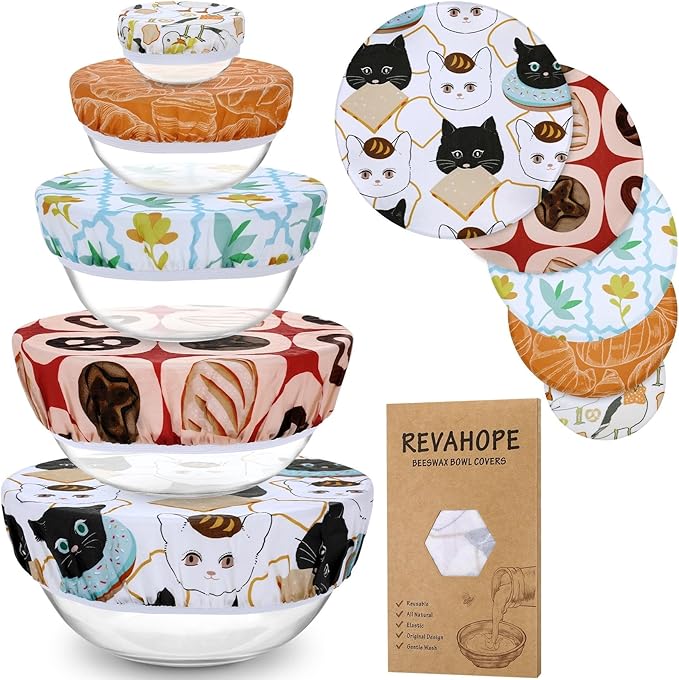 5-Size Reusable Beeswax Bowl Covers for Bread Proofing, Cotton Cloth Flexible Beeswax Wraps for Food Storage(Toast Cat) by Revahope
