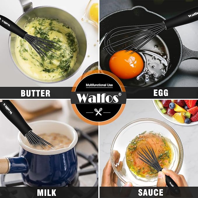 Walfos Whisk 5+7in/12cm+17cm Mini Whisk,Silicone Whisks Non Scratch Heat Resistant (480°F). Nice for stirring individual eggs and mixing small amounts of powder and sauce.Dishwasher Safe.Black - Image 5