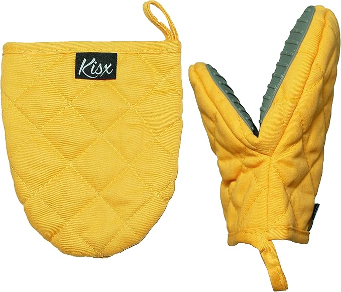 Oven Mitts Heat Resistant - Yellow Mini Silicone Gloves & Pot Holders Set for Kitchen