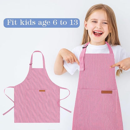 2 Pack Stripes Kids Apron, Kids Cooking Aprons with 2 Pockets, Cute Aprons for Cooking for Boys and Girls