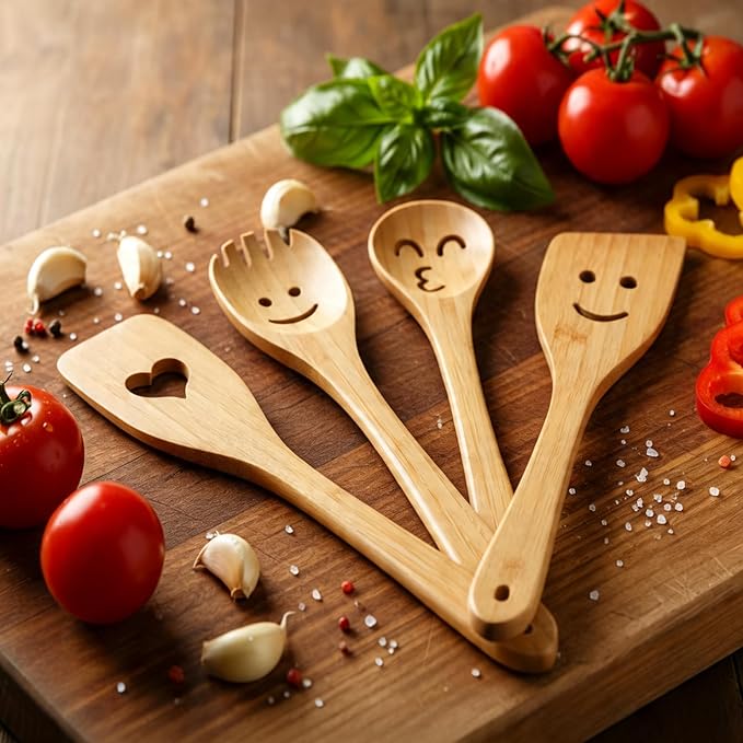 Fun Wooden Spoons for Cooking 5 Piece - Funny Kitchen Utensil Set Nonstick Smiley Face Cooking Spoons & Spatula Happy Cute Kitchen Accessories Unique Mothers Day Gifts Housewarming Gifts New Home