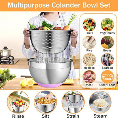 Nicdiet Mixing Bowls with Airtight Lids, Stainless Steel Mixing Bowl Set with 3 Metal Nesting Bowls, Colander & Grater, Non-Slip Bottoms, Size 1.5, 2.5, 5 QT, Great for Mixing & Serving, Mutilcolor - Image 4