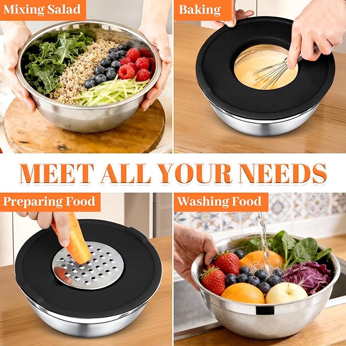 21PCS Mixing Bowls with Lids Set - 7 Nesting Mixing Bowls, 3 Graters, 11 Baking Tools, Lids, Stainless Steel Mixing Bowls for Mixing & Baking, Size 0.7/1.1/1.5/2.1/3.5/4/4.5 QT, Black - Image 7