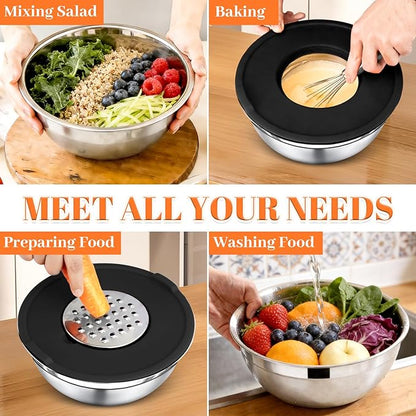 21PCS Mixing Bowls with Lids Set - 7 Nesting Mixing Bowls, 3 Graters, 11 Baking Tools, Lids, Stainless Steel Mixing Bowls for Mixing & Baking, Size 0.7/1.1/1.5/2.1/3.5/4/4.5 QT, Black - Image 7