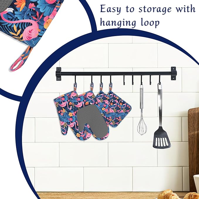 Oven Mitts and Pot Holders Sets Flamingo Tropical Flower Silicone Kitchen Mits Potholders Summer Palm Leaf Heat Resistant 4Pcs Oven Gloves Hot Pads for Baking Cooking BBQ Grilling Home Decor