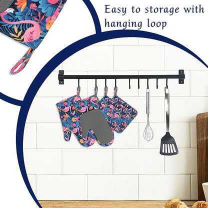 Oven Mitts and Pot Holders Sets Flamingo Tropical Flower Silicone Kitchen Mits Potholders Summer Palm Leaf Heat Resistant 4Pcs Oven Gloves Hot Pads for Baking Cooking BBQ Grilling Home Decor
