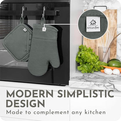Extra Long Silicone Oven Mitts and Pot Holders Sets | Heat Resistant 500°F BPA-Free Food Grade Silicone Hot Pads & Kitchen Mittens | 4-Piece Set of Oven Gloves & Potholders for Kitchens- Gray - Image 3