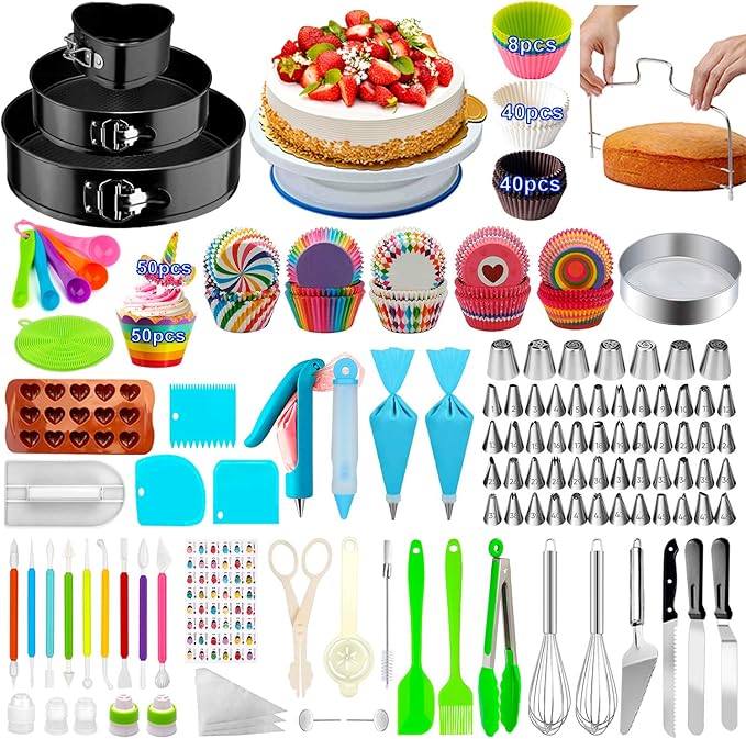 Cake Decorating Supplies,493 PCS Cake Decorating Kit 3 Packs Springform Cake Pans, Cake Rotating Turntable,48 Piping Icing Tips,7 Russian Nozzles, Baking Supplies,Cupcake Decorating Kit, Multicolor by Taiker