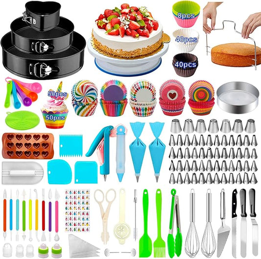Cake Decorating Supplies,493 PCS Cake Decorating Kit 3 Packs Springform Cake Pans, Cake Rotating Turntable,48 Piping Icing Tips,7 Russian Nozzles, Baking Supplies,Cupcake Decorating Kit, Multicolor by Taiker