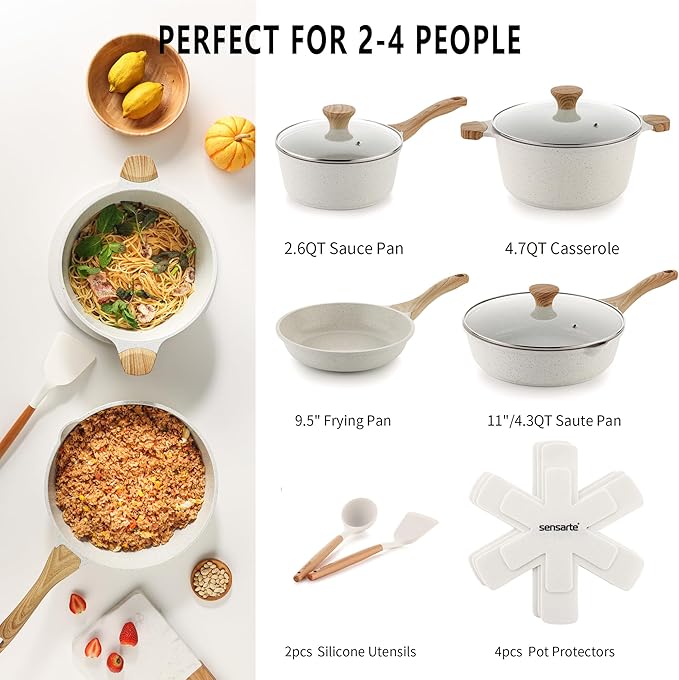 SENSARTE Nonstick Ceramic Cookware Set, 13-Piece Non-toxic Pots and Pans Set, Healthy Kitchen Cooking Set with Stay-Cool Handles, Silicone Tools and Pot Protectors, PFAS Free - Image 2