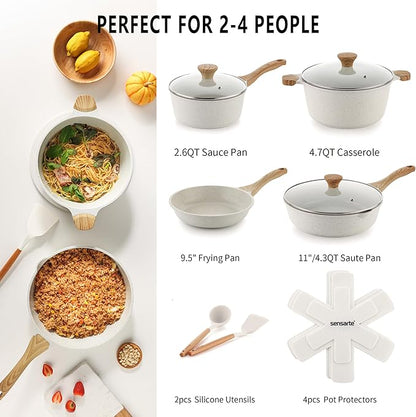 SENSARTE Nonstick Ceramic Cookware Set, 13-Piece Non-toxic Pots and Pans Set, Healthy Kitchen Cooking Set with Stay-Cool Handles, Silicone Tools and Pot Protectors, PFAS Free - Image 2