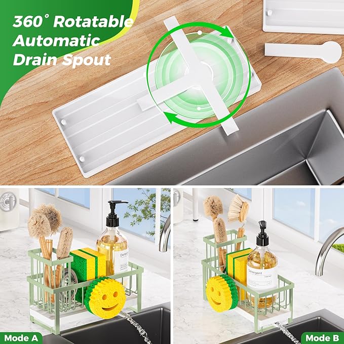 Sponge Holder for Kitchen Sink,Sink Caddy with Removable Dish Brush Holder,Self-Draining Kitchen Countertop Organizers and Storage Essentials,Soap Dispenser Organize and Home Decor-Green - Image 4