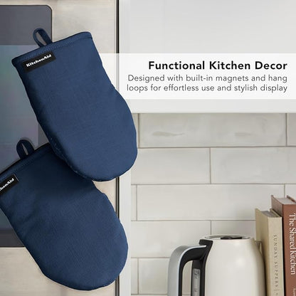 KITCHENAID Gourmet Series Gridlines Mini Oven Mitts 2-Pack Set, Heat Resistant up to 600°F, Soft Silicone Grip, Magnetic Cuff, Ink Blue, 5.5"x9" - Image 6