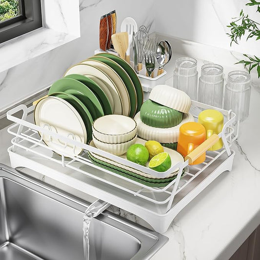 Epicano Dish Drying Rack for Kitchen Counter,Space-Saving Dish Rack,Rustproof Dish Drainer with Utensil Holder and Knife Slots for Sink,Kitchen Drying Rack with Wooden Handle and Cup Holder,White by Epicano