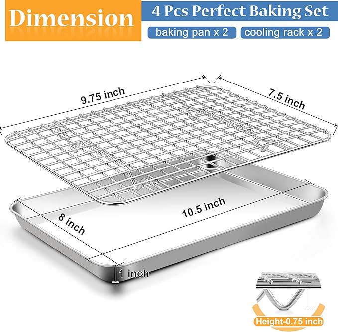 TeamFar Toaster Oven Pan with Rack Set, 10.5 x 8 x 1 Inch Stainless Steel Small Baking Pan Tray with Grid Rack for Baking Roasting Cooling, Non-Toxic & Heavy-Duty, Dishwasher Safe, (2 Pans + 2 Racks)
