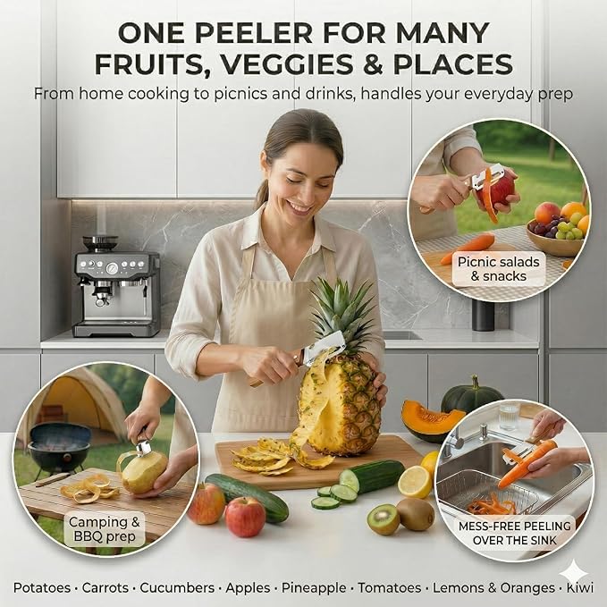 2026 NEW 2PCS Multi-Functional Vegetable Peelers for Kitchen, Wooden Handle Potato Peeler Hand Tool with Stainless Steel Blade, 2-in-1 Bottle Opener Fruit Peeler for Potato, Apple, Carrot, Mango