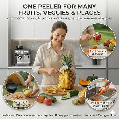 2026 NEW 2PCS Multi-Functional Vegetable Peelers for Kitchen, Wooden Handle Potato Peeler Hand Tool with Stainless Steel Blade, 2-in-1 Bottle Opener Fruit Peeler for Potato, Apple, Carrot, Mango