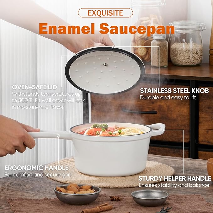 Homikit Small Cast Iron Pot, 1 Quart Enameled Cast Iron Sauce Pan with Lid, Heavy Duty Enamel Dutch Oven Kitchen Cookware for Making Pasta, Boiling Soup, Warming Milk, Nonstick & Oven Safe, White