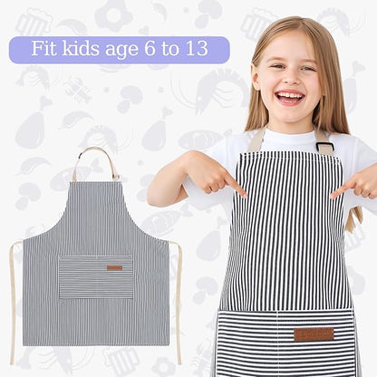 2 Pack Stripes Kids Apron, Kids Cooking Aprons with 2 Pockets, Cute Aprons for Cooking for Boys and Girls