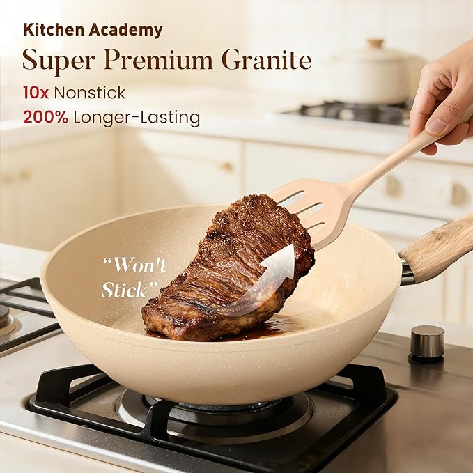 Kitchen Academy 12-Piece Induction Cookware Set, Nonstick Granite Pots and Pans in Beige - Image 2