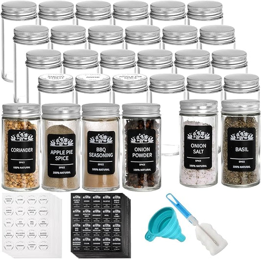 Tebery 30 Pack Round Spice Bottles Jars with Silver Lids, 3oz Empty Glass Spice Containers Shakers Complete Organizer Set Includes Shaker Lids, Wide Funnel, Labels and Cleaning Brush by Tebery