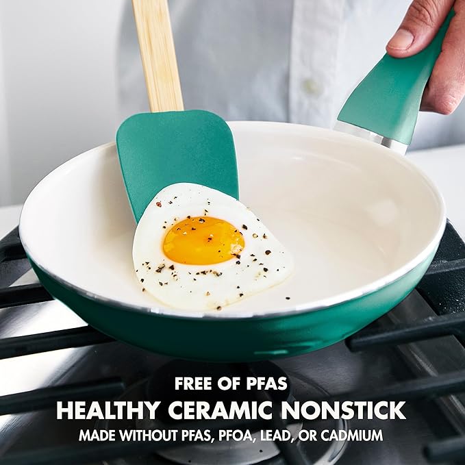 GreenPan Rio Healthy Ceramic Nonstick 8" Frying Pan Skillet and Silicone Spatula Set, Soft Grip Handle, Breaktfast Meal Set, PFAS-Free, Dishwasher Safe, Oven Safe, Turquoise - Image 2