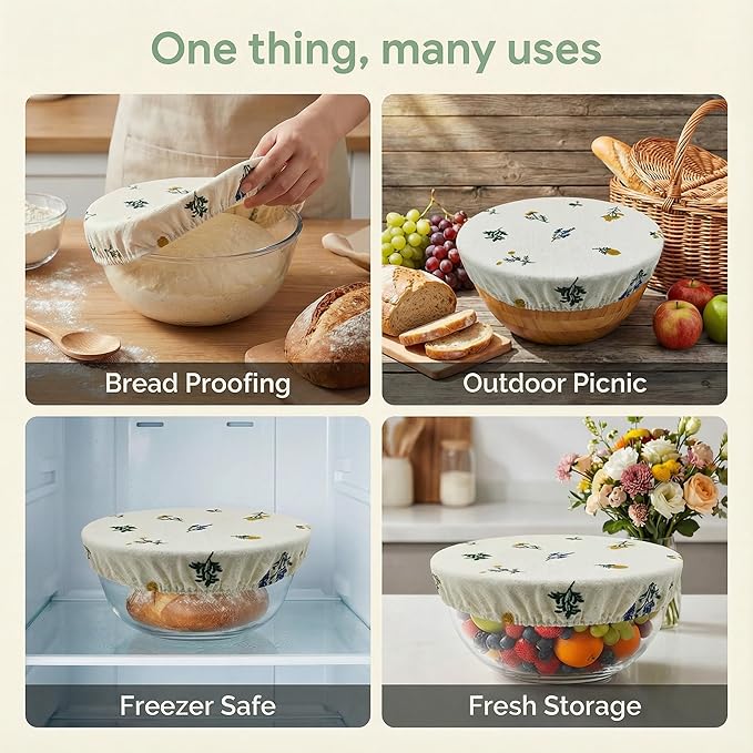 Reusable Bowl Covers (Set of 4) - Breathable Cotton Linen Sourdough Accessories - Elastic Durable Fabric Food Lids for Proofing Baskets & Bread Baking Supplies (Natural Beige) - Image 4