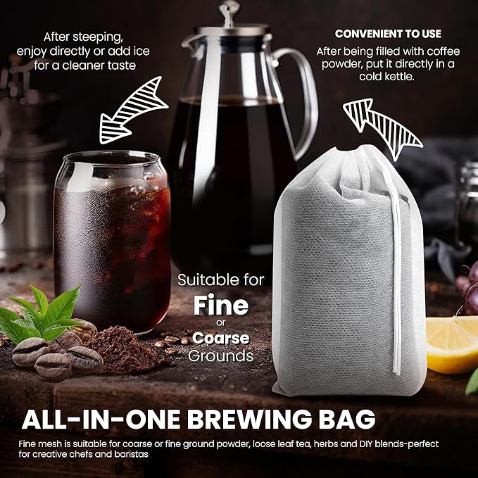 Cold Brew Bags, 100 Count Brew Coffee Filter Bags, 6 * 8 Inch Fine Mesh Drawstring Pouches, Fits Mason Jars & French Press, Ideal for Tea, Herbs & Spices - Image 4