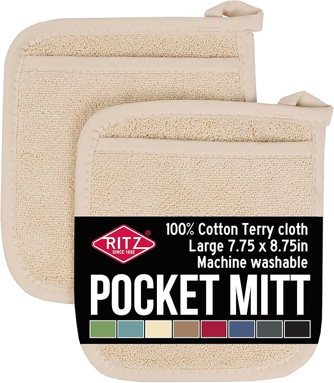 RITZ Terry Pocket Mitt & Hot Pad: Unparalleled Heat Resistant, Durable 100% Cotton – Ergonomically Designed for Optimal Grip – Easy-Care Machine Washable – 2-Pack, Latte by Ritz+Foodservice