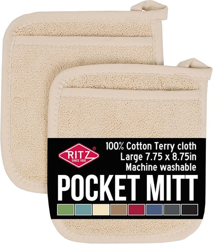 RITZ Terry Pocket Mitt & Hot Pad: Unparalleled Heat Resistant, Durable 100% Cotton – Ergonomically Designed for Optimal Grip – Easy-Care Machine Washable – 2-Pack, Latte by Ritz+Foodservice