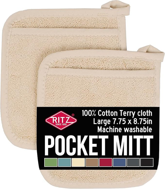 RITZ Terry Pocket Mitt & Hot Pad: Unparalleled Heat Resistant, Durable 100% Cotton – Ergonomically Designed for Optimal Grip – Easy-Care Machine Washable – 2-Pack, Latte by Ritz+Foodservice