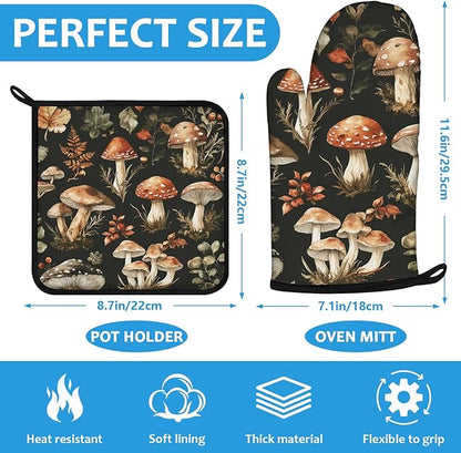 Watercolor Forest Mushroom Oven Mitts and Pot Holders Sets Heat Resistant 4Pcs Potholders Oven Gloves Hot Pads for Kitchen Baking Cooking Grilling BBQ