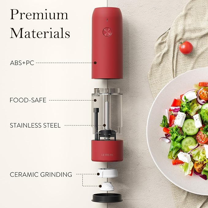 Ultrean Pepper Grinder, Rechargeable Salt and Pepper Grinder with 6 Adjustable Coarseness, LED Light, Automatic Salt and Pepper Shakers, Cooking Gifts Valentines Day Gifts for Women, Crimson Red - Image 5