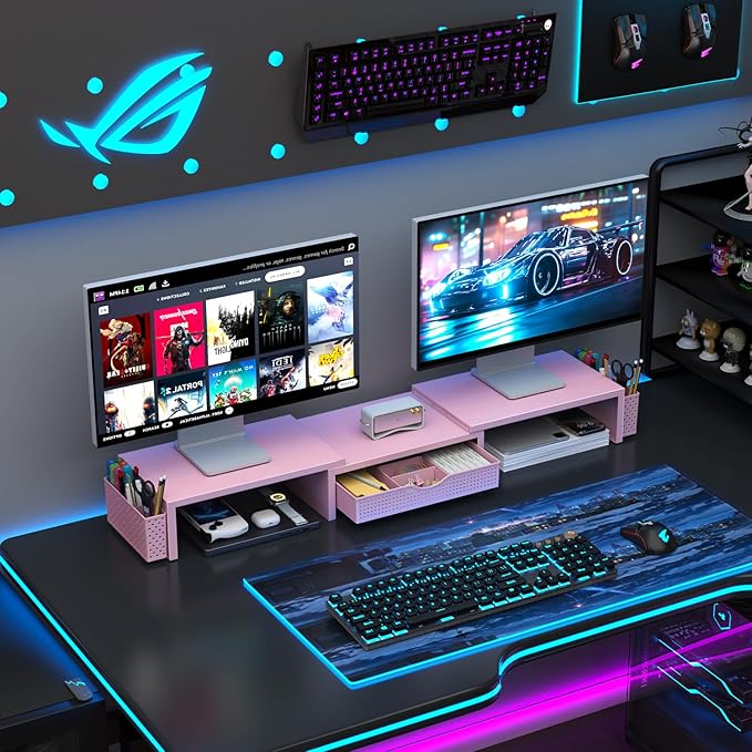 gianotter Dual Monitor Stand Riser, Desk Organizer With Drawer and 2 Pen Holders,Desk Organizers and Accessories, Pink Office Supplies (Pink) - Image 7