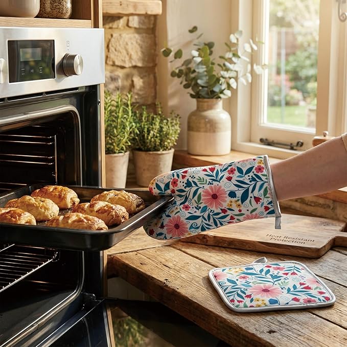 Floral Oven Mitts and Pot Holders Sets 2 Pcs, Canvas Heat Resistant Kitchen Mittens with Hot Pads, Vintage Farmhouse Country Decor, Non-Slip Cooking Baking Grilling Gifts for Women Mom (Flower2)