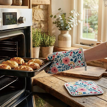 Floral Oven Mitts and Pot Holders Sets 2 Pcs, Canvas Heat Resistant Kitchen Mittens with Hot Pads, Vintage Farmhouse Country Decor, Non-Slip Cooking Baking Grilling Gifts for Women Mom (Flower2)
